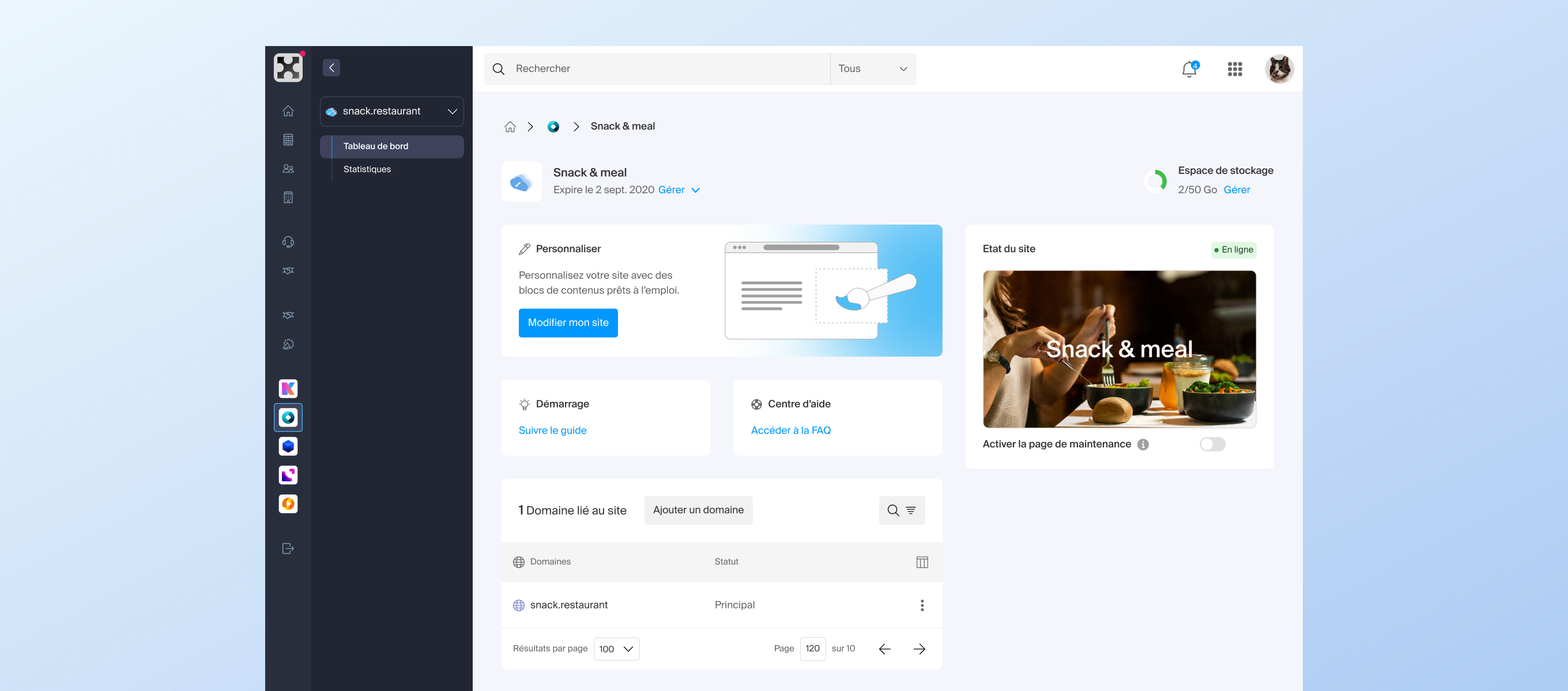 Site Creator — tableau de bord Web & Domaines