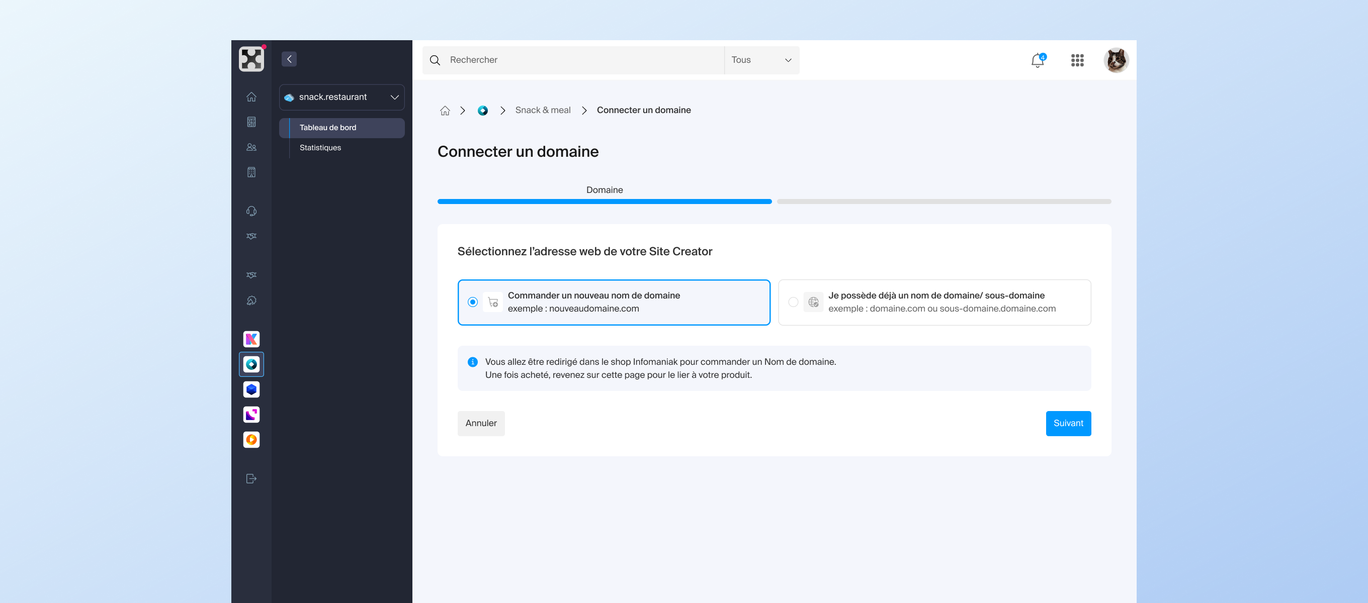 Site Creator — tableau de bord Web & Domaines