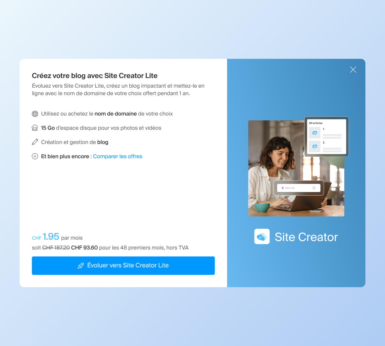 Site Creator — détail interface