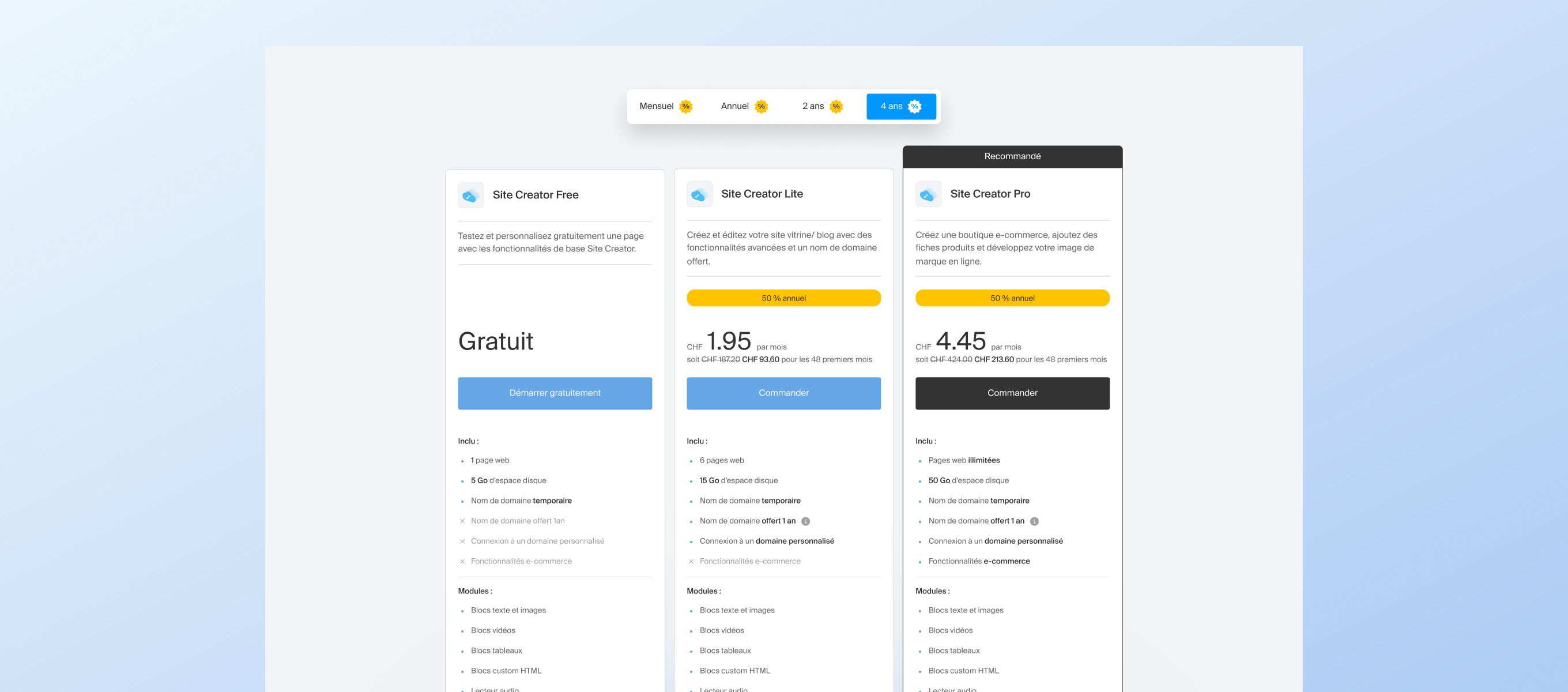 Site Creator — section tarifs