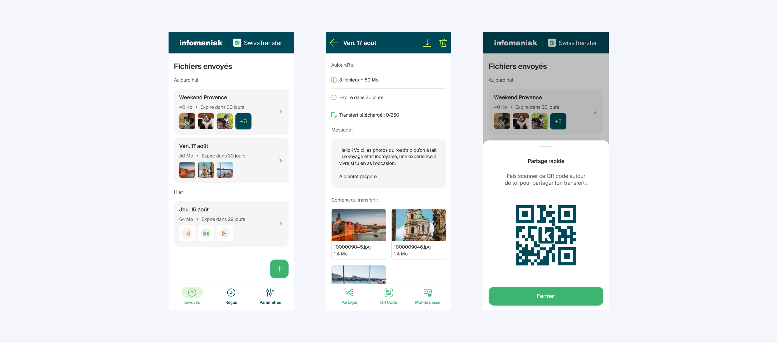 SwissTransfer app mobile — transferts envoyés