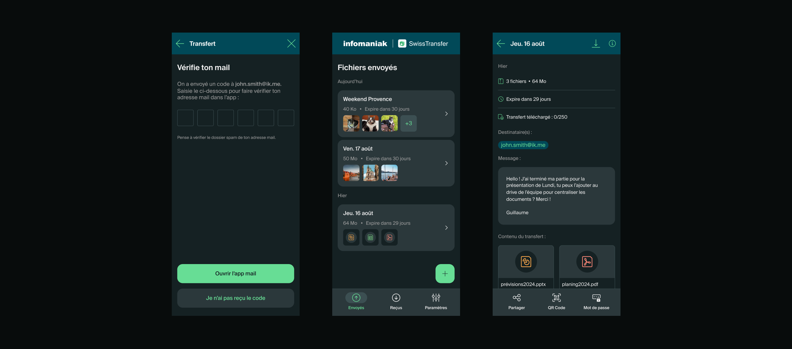 SwissTransfer app mobile — écrans thème sombre, partage